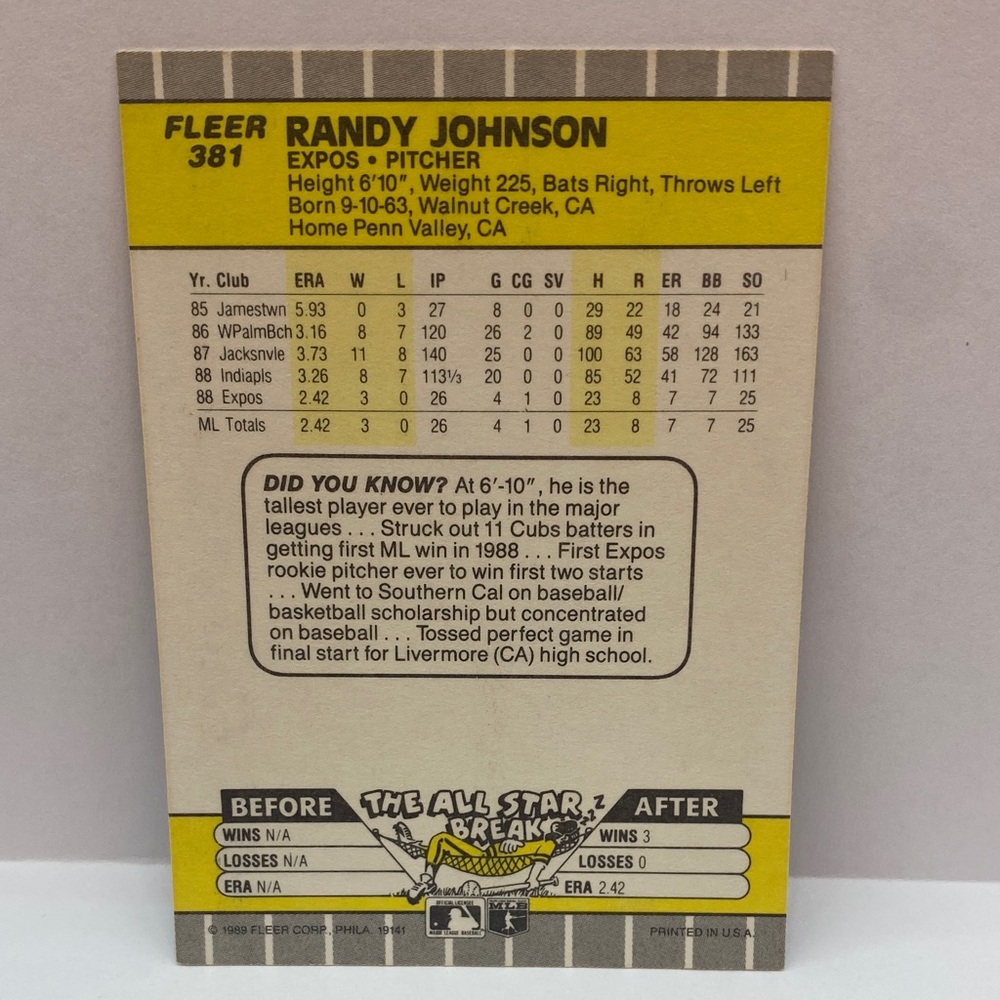 1989 Fleer Randy Johnson Montreal Expos #381 (064) - Picture 2 of 2